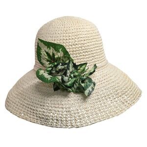 Beige Woven Straw Sun Hat With Green Leaf Accent & Bow boho nautical beach